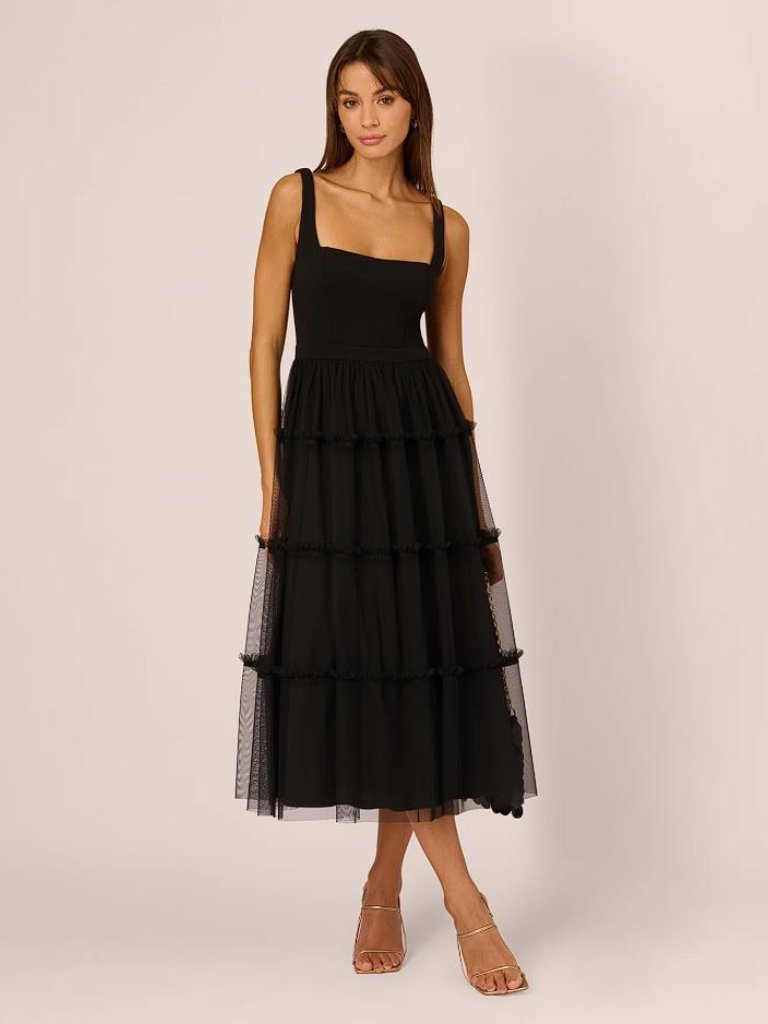 Adrianna Women's Square-Neck Midi Mesh Dress Size 6 In Black (Damaged)